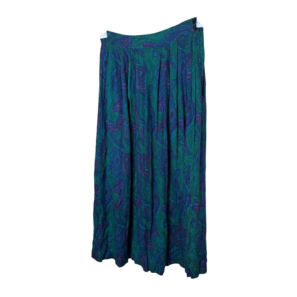 Vintage‎ Elliott Lauren Paisley Midi Skirt Teal Purple Green Pockets Size 10 USA